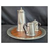 Metal Tea Set with Wood Trimmed Tray and Red Plastic Thermos