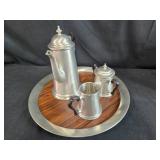 Metal Tea Set with Wood Trimmed Tray and Red Plastic Thermos