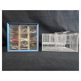 Small Parts Organizer Cabinet with Hardware Assortment and Wire Mesh Trap Cage