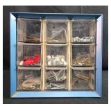 Small Parts Organizer Cabinet with Hardware Assortment and Wire Mesh Trap Cage