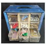 Small Parts Organizer Cabinet with Hardware Assortment and Wire Mesh Trap Cage