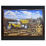 Framed Original Farm Tractor Painting Signed MFR 1997, 25x37 Inches