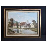 Framed European Village Landscape Oil Painting on Canvas, Signed 37x29 in