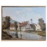 Framed European Village Landscape Oil Painting on Canvas, Signed 37x29 in
