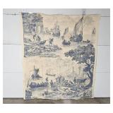 Antique Large Toile Tapestry Panel with Nautical and Village Scenes, 75 x 64 Inches