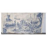 Antique Large Toile Tapestry Panel with Nautical and Village Scenes, 75 x 64 Inches