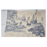 Antique Large Toile Tapestry Panel with Nautical and Village Scenes, 75 x 64 Inches