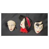 Set of 3 Art Deco Style Ceramic Wall Masks with Embellishments