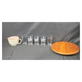 Set of Logo Pint Timberwolves Glasses, Wood Lazy Susan, and VTG Ceramic Measuring Jug