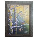 Framed Bird Art Prints by Hinckley and Hansel with Silver Wall Clock