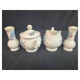 Noritake Versatone Bleu Fleur Creamer Sugar Bowl and Shakers Set