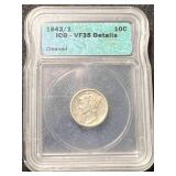 1942/1 US MERCURY DIME ICG VF35 DETAILS