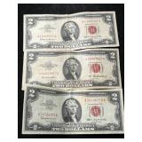 3 US RED SEAL $2 BILLS