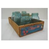 Vintage Blue Ball Canning Jars and Wood Crate