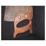 Antique tools. 3 vintage hand saws and 1 ratcheting brace drill