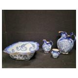 Antique Four-Piece Royal Doulton Floral Blue Pitcher, Wash Basin, Jug and Mug
