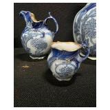 Antique Four-Piece Royal Doulton Floral Blue Pitcher, Wash Basin, Jug and Mug