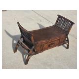 Circa 1970 Chinese Chippendale-Style Bamboo Window Bench With Center Drawer & Side Storage