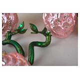 Set of Pink Rose Glass Ornaments with Green Glittered Stems, Made in Poland