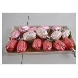 12 Vintage Glass Christmas Clip-On Ornaments, Pink and Red Tulip Design