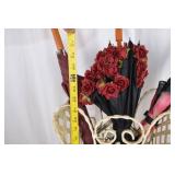 Vintage Wrought Iron Umbrella Stand with Three Umbrellas