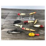 Lot of 10 Collectible Fishing Lures - Most are Made of Wood - See description below for more info