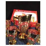 Gold and rose color pitcher with 6 glasses in original box
