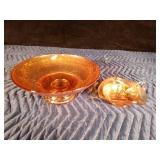 Vintage Dugan Marigold Carnival glass leaf shaped nappy dish with handle and Vintage Marigold Carnival glass fruit bowl