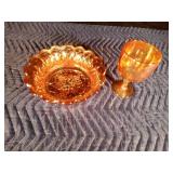 Marigold Carnival glass bowl and glass