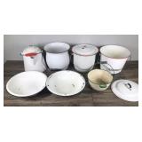 Lot of Vintage Enamel Ware - Red and White Coffee Pot - Black - Red and Green Trimmed Pots