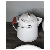Lot of Vintage Enamel Ware - Red and White Coffee Pot - Black - Red and Green Trimmed Pots