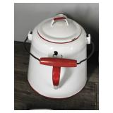 Lot of Vintage Enamel Ware - Red and White Coffee Pot - Black - Red and Green Trimmed Pots