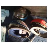 3 Helmets, 1 Bates Salbe bag, 4 way metric lug wrench, 1 motorcycle parking rack