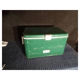 Green Vintage metal Thermos cooler with plastic tray inside