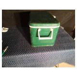 Green Vintage metal Thermos cooler with plastic tray inside