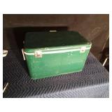 Green Vintage metal Thermos cooler with plastic tray inside