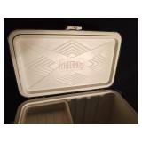 Green Vintage metal Thermos cooler with plastic tray inside