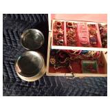 Jewelry box full of jewelry and vintage musical trinket box