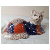 Vintage Patwork Ceramic Cat with Deoupage Crackled Finish
