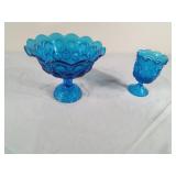 2 Vintage L.L. Smith Moon and Stars Blue Glass Pedestal Dishes