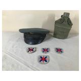 Vintage Army Cap, Canteen and Patches
