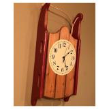 Vintage Wall Hanging Wooden Sled with Built in Battery Operated Clock