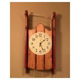 Vintage Wall Hanging Wooden Sled with Built in Battery Operated Clock