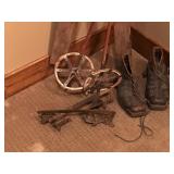 Vintage Wooden Skis with Poles - Boats - and Metal Ice Skates