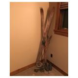 Vintage Wooden Skis with Poles - Boats - and Metal Ice Skates