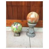 2 Large glass gazing balls on pedestal lawn decor