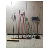 Shop broom, metal beach rake, extension poles, broom and more