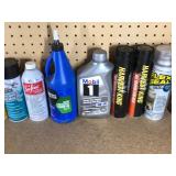 Lot of oil, lubricants, grease, engine cleaner, and more
