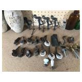 2 wood bowling pins, old casters, vintage bottles, glass insulators