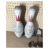 2 wood bowling pins, old casters, vintage bottles, glass insulators